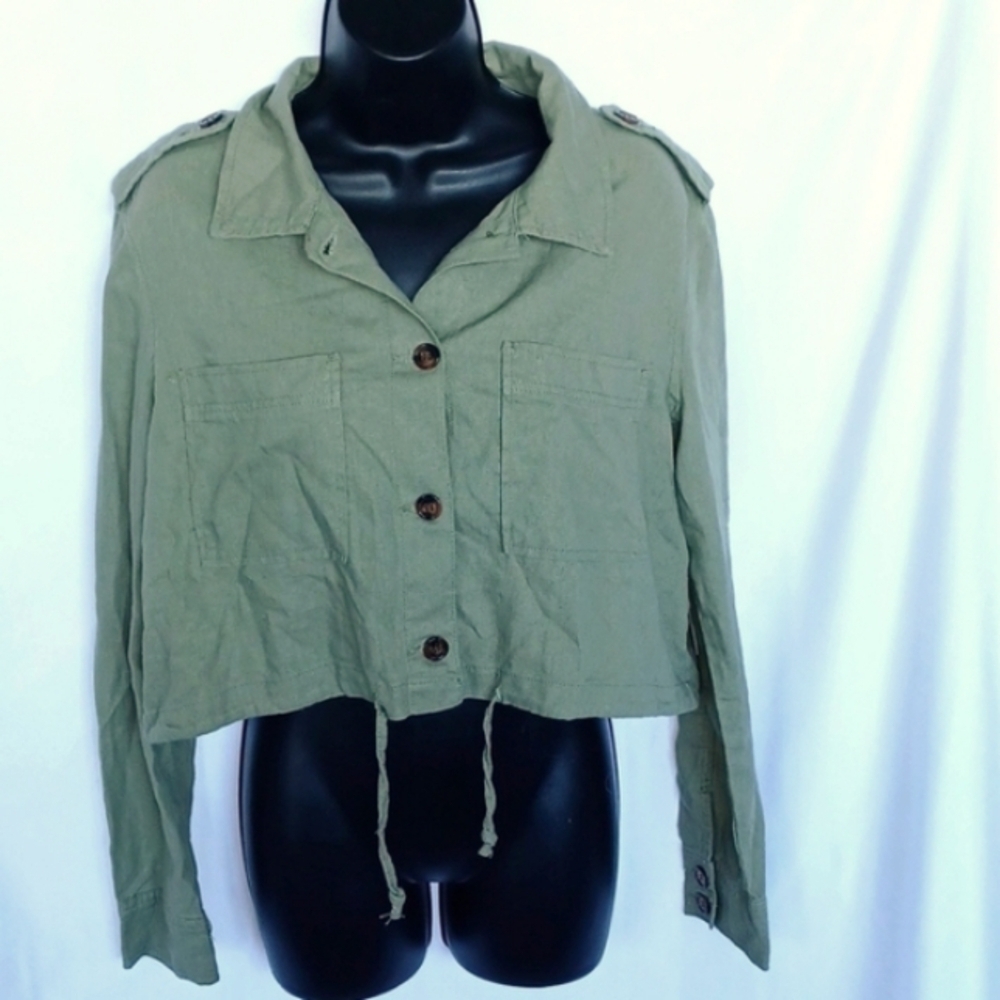 Wallflower Linen jacket, military style, cropped, khaki green